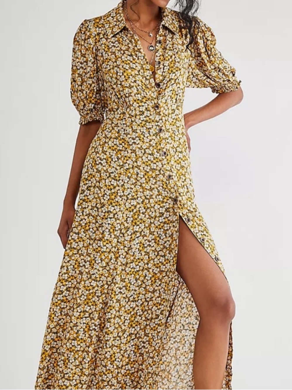 Free People Debbie-Jean Shirtdress Floral Maxi Dress Mustard Yellow Pockets M